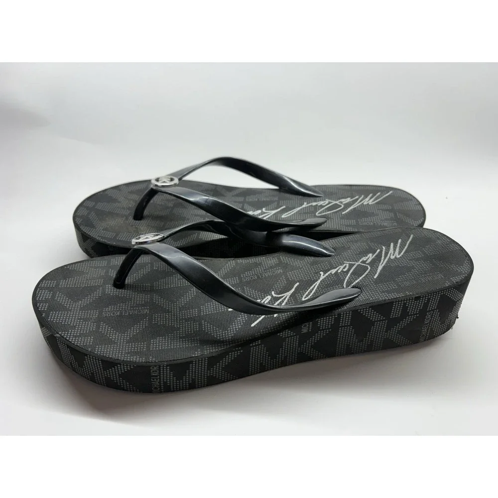 Michael Kors Bedford Platform Flip Flop Women 7 Black Jet Set Signature Low Heel